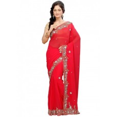 Magnificent Red Colored Border Worked Chiffon Saree